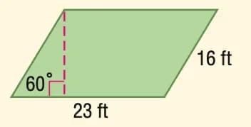 A labelled parallelogram diagram with a base of 23 feet and a slanted side of 16 feet.