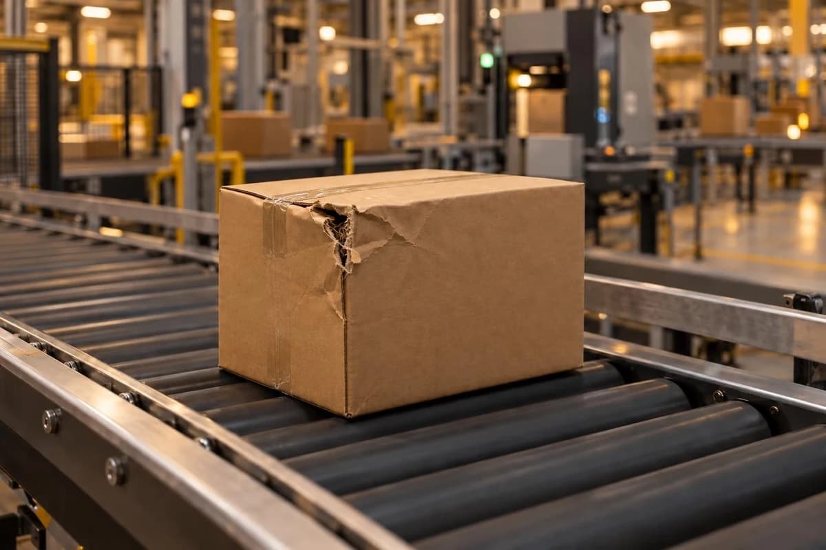 A cardboard parcel with a visibly torn corner on a conveyor.