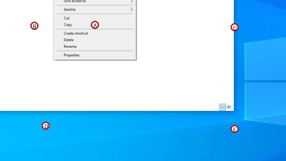 A Windows file-manager context menu with five labelled target markers.